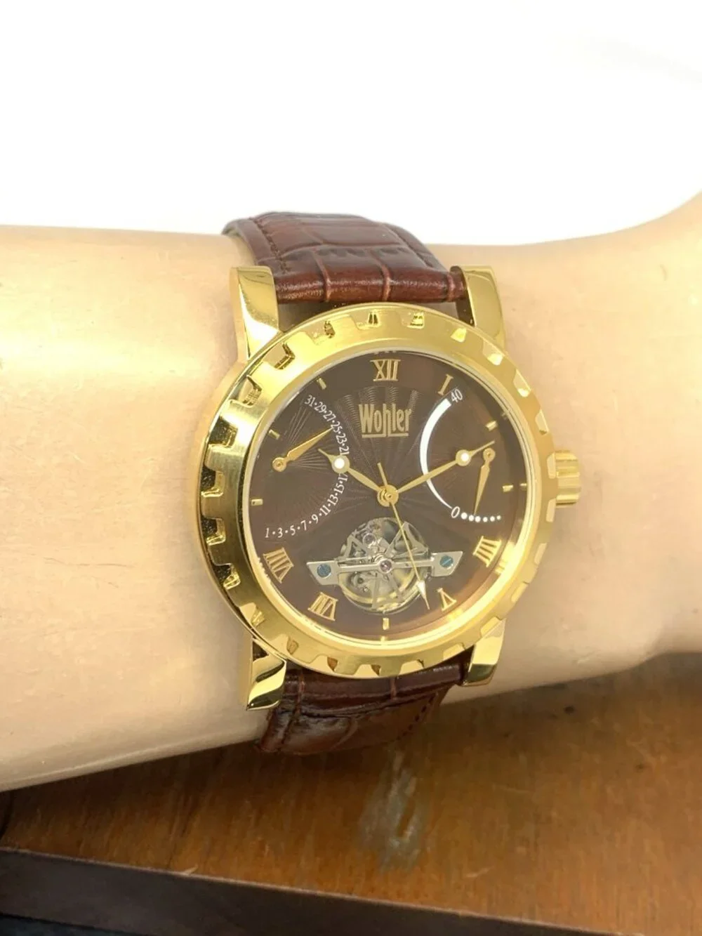 Wohler Men's Watch Automatic Gold Tone Case Brown Dial Leather Strap 42mm